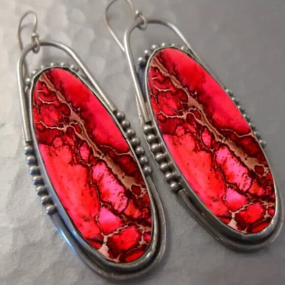 d'vine Products Jewelry - Long Silver Electro-Plated Oval Drop Earrings & Synthetic Red Turquoise Stones
